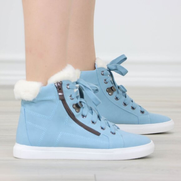 High Tops Womens Fashion Sneakers Shoes Fuzzy Ankle Light Blue - Picture 5 of 13